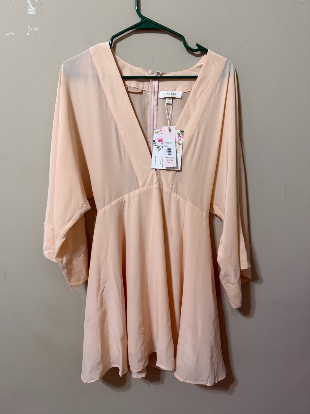Yumi Kim Peach V-Neck Flowing Tunic Dress kimono sleeve 100% silk new with tags